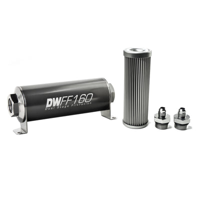 DeatschWerks Stainless Steel 6AN 10 Micron Universal Inline Fuel Filter Housing Kit (160mm)