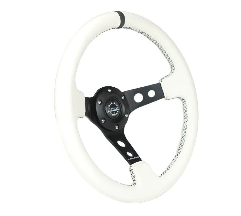 (350mm/3in. Deep) White Leather w/Blk Spoke/Round Holes/White Stripes