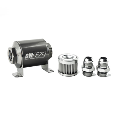 DeatschWerks Stainless Steel 10AN 10 Micron Universal Inline Fuel Filter Housing Kit (70mm)